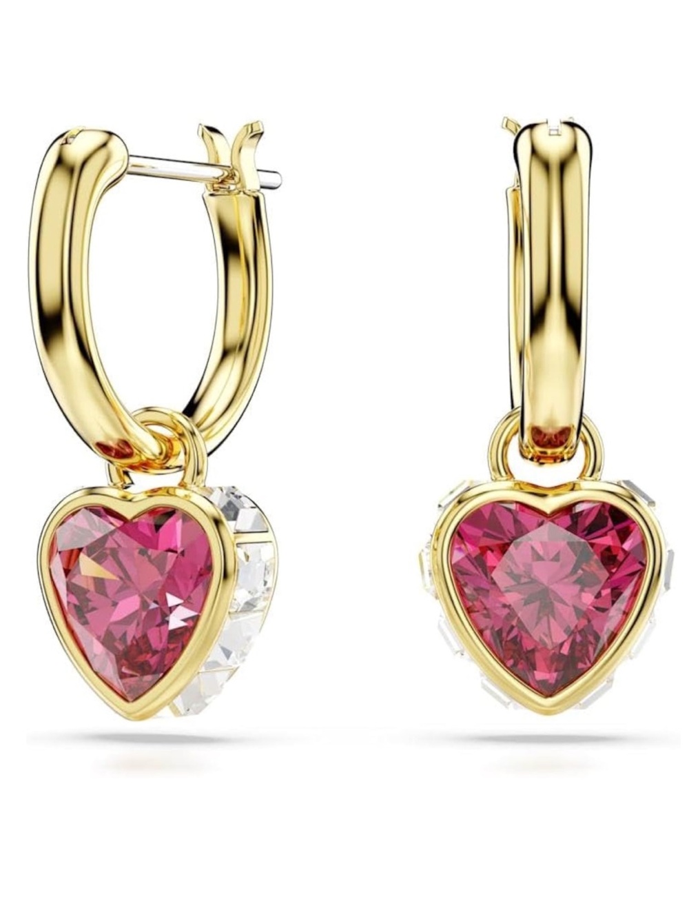 Swarovski Gold Heart Hoop Drop Earrings with Pink Crystal Centers - New
